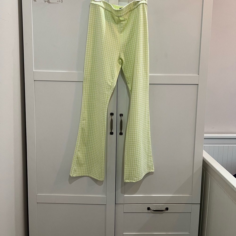 Lime green checkered flared pants